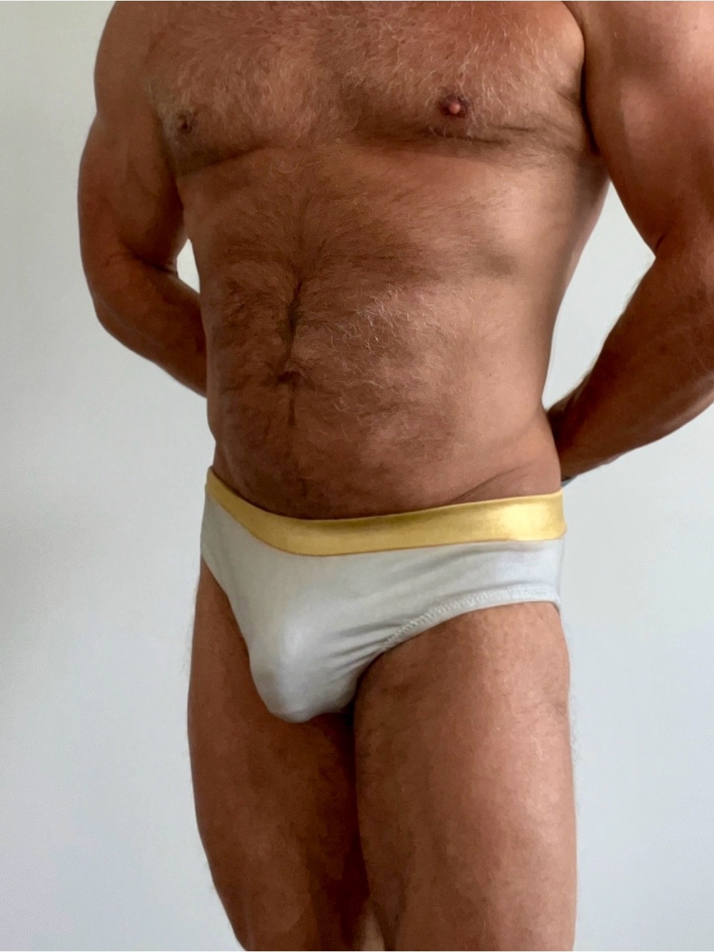 Men's Metallic Silver Swim Briefs with Gold Waistband, Medium